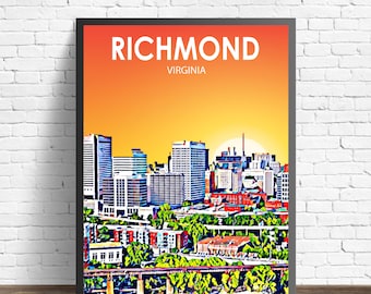 Richmond Virginia Art Poster Sunset Landscape Poster Print, Richmond City VA Wall Canvas Art Skyline Sketch Photo