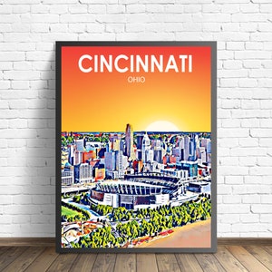 Cincinnati Ohio Art Poster Sunset / Night Landscape Poster Print, Cincinnati OH Wall Art United States, Skyline Sketch