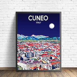 Cuneo Italy Art Poster Sunset / Night Poster Art Print, Cuneo City Modern Wall art, Colorful Skyline Canvas Sketch image 2