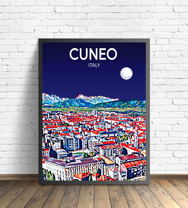 Cuneo Italy Art Poster Sunset / Night Poster Art Print, Cuneo City Modern Wall art, Colorful Skyline Canvas Sketch image 2