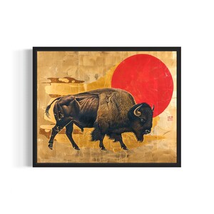 Bison Art Print, Red And Gold Wall Art Decoration Artwork