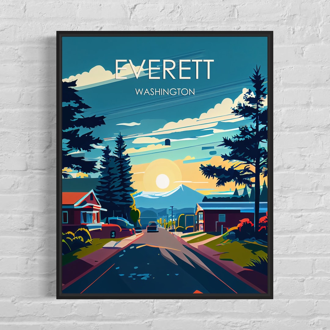 Everett Washington Retro Art Print, Everett Wall Art Illustration