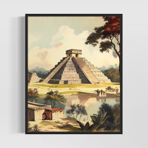 Chichen Itza Retro Art Print, Chichen Itza Wall Art Illustration, Chichen Itza Vintage Minimal Design Poster