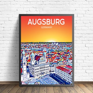 Augsburg Sonnenuntergang / Nacht Poster Kunstdruck, Augsburg City Moderne Wandkunst, Bunte Skyline Leinwand Skizze