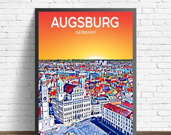 Augsburg Germany Sunset / Night Poster Art Print, Augsburg City Modern Wall art, Colorful Skyline Canvas Sketch