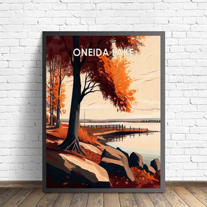 Oneida Lake New York retro art print, Oneida Lake New York muur kunst illustratie, Oneida Lake New York vintage jaren 1960 design poster artwork