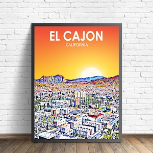 El Cajon Kalifornien Kunst Plakat Sonnenuntergang Landschaft Plakat-Druck, El Cajon Stadt Wand Kunst USA Bunte Skyline Skizze Foto