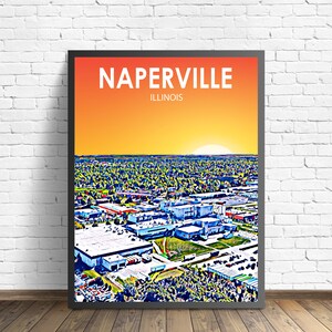 Naperville IL Art Poster, Illinois Sunset Landscape Poster Print, Naperville City Wall Canvas Art Colorful Skyline Sketch Photo