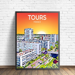 Poster d'art de Tours, France, coucher de soleil / nuit, impression d'art, art mural moderne encadré de la ville de Tours, photo sur toile ligne d'horizon colorée
