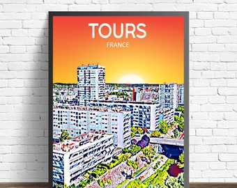 Cartaz de arte Tours France Pôster de pôr do sol/noite Impressão artística, Arte de parede moderna emoldurada Tours City, Foto em tela colorida do horizonte