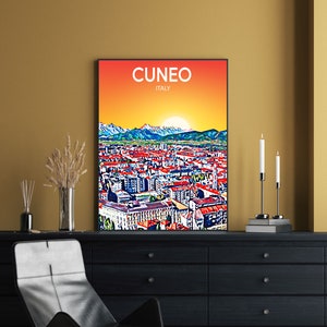 Cuneo Italy Art Poster Sunset / Night Poster Art Print, Cuneo City Modern Wall art, Colorful Skyline Canvas Sketch image 5