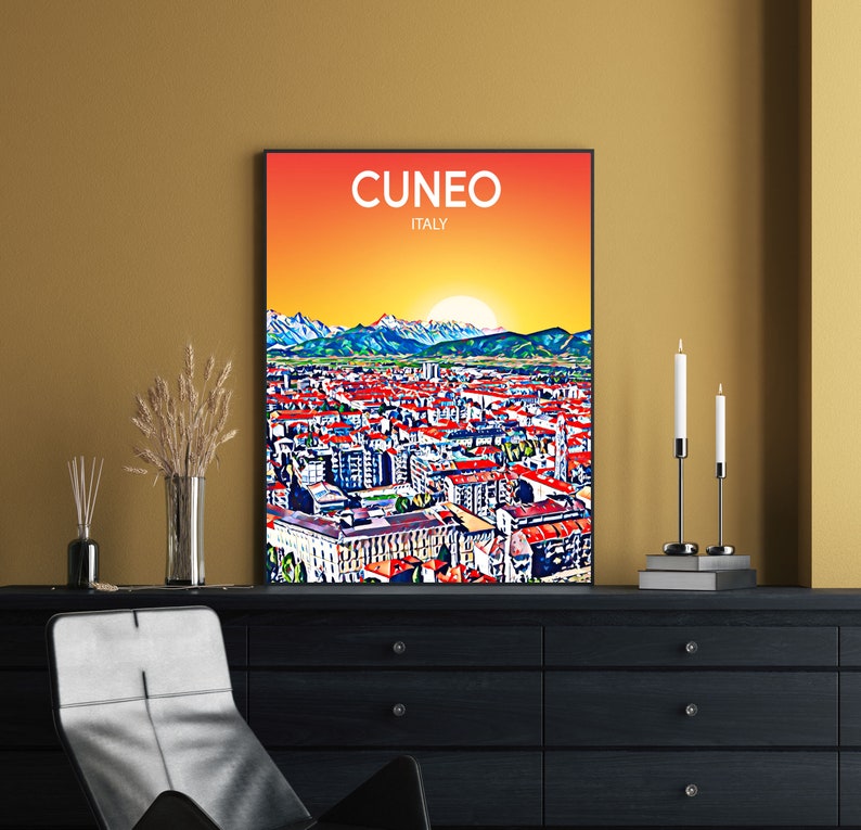 Cuneo Italy Art Poster Sunset / Night Poster Art Print, Cuneo City Modern Wall art, Colorful Skyline Canvas Sketch image 5