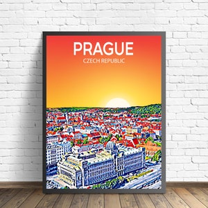 Prague Czech Republic Art Poster Sunset / Night Poster Art Print, Prague City Modern Wall art, Colorful Skyline Canvas Photo sketch