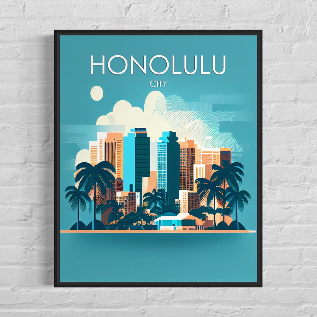 Honolulu City Retro Art Print, Honolulu City Wall Art Illustration, Honolulu City Vintage