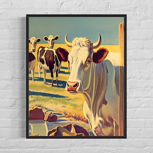 Cattle Retro Art Print, Cattle Art Illustration, Cattle Vintage Wall Art