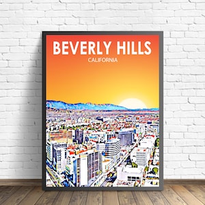 Beverly Hills California Art Poster Sunset / Night Landscape Poster Print, Beverly Hills City Wall Art Skyline Sketch