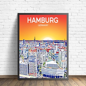 Hamburg Germany Art Poster Sunset / Night Poster Art Print, Hamburg City Framed Modern Wall art, Colorful Skyline Canvas Sketch