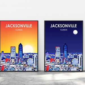 Jacksonville Florida Art Poster Sunset Landscape Poster Print, Jacksonville Framed Wall Art United States Colorful Skyline Sketch Photo