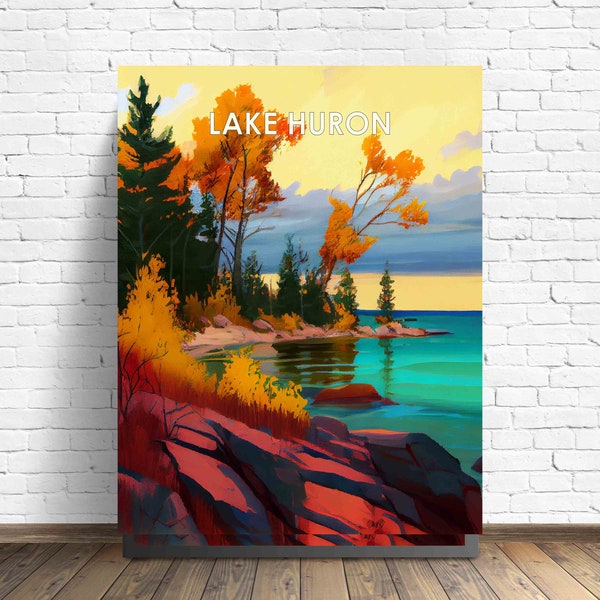 Lake Huron Retro Art Print, Lake Huron Wall Art Illustration, Lake Huron Vintage 1960's Design Poster Artwork