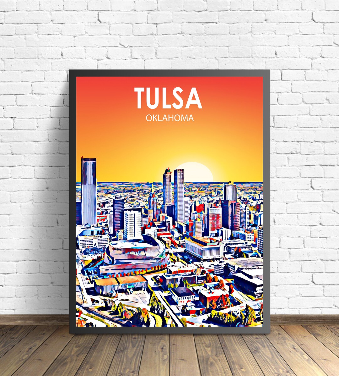 Tulsa OK Art Poster, Oklahoma Sunset Landscape Poster Print, Tulsa City Wall Canvas Art Colorful