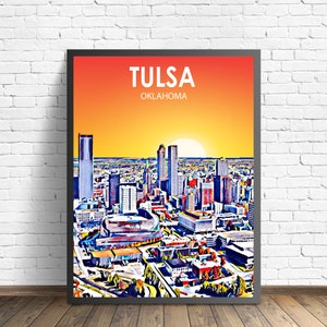 Tulsa OK Art Poster, Oklahoma Sunset Landscape Poster Print, Tulsa City Wall Canvas Art Colorful Skyline Sketch Photo