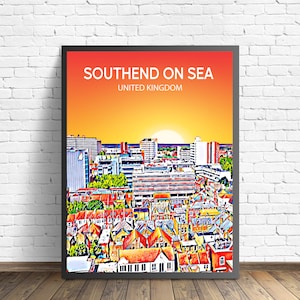 Southend On Sea UK Kunst Poster Sonnenuntergang / Nacht Poster Kunstdruck, Southend On Sea Stadt Gerahmt Moderne Wandkunst, Bunte Skyline Leinwand Foto