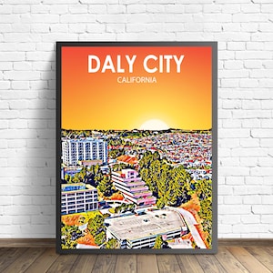 Daly City California Art Poster Sunset Landscape Poster Print, Daly City Framed Wall Art United States Colorful Skyline Sketch Photo Decor