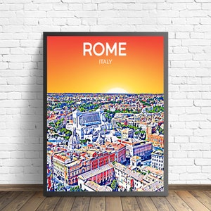Rome Italy Art Poster Sunset / Night Poster Art Print, Rome City Modern Wall art, Colorful Skyline Canvas Photo sketch Gift