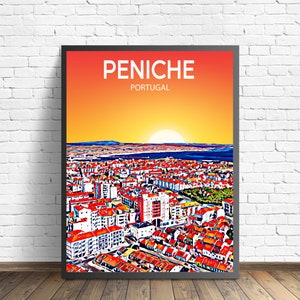Peniche Portugal kunstposter zonsondergang / nacht poster kunstafdruk, Peniche stad moderne muurkunst, kleurrijke skyline canvas fotoschets cadeau