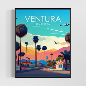 Impresión de arte retro de Ventura, California, ilustración artística de Ventura, póster de diseño minimalista vintage de Ventura