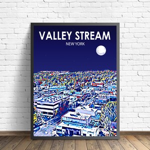 Valley Stream NY kunstposter, New York zonsondergang landschap posterafdruk, Valley Stream City muur canvas kunst kleurrijke skyline schets foto