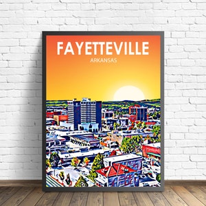 Fayetteville Arkansas Art Poster Sunset Landscape Poster Print, Fayetteville City Framed Wall Art Skyline Sketch Photo