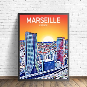 Pôster de arte de Marselha França Pôr do sol / Noite Impressão artística, Cidade de Marselha Arte de parede moderna emoldurada, Esboço de tela de horizonte Esboço de foto