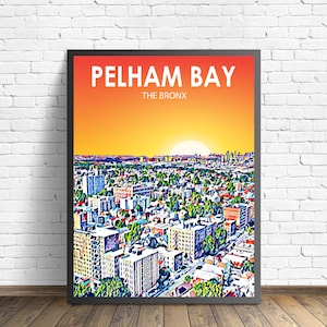 Pelham Bay The Bronx Sonnenuntergang Landschaft Poster Drucken, Pelham Bay Stadt Wand Leinwand Kunst Bunte Skyline Skizze Foto