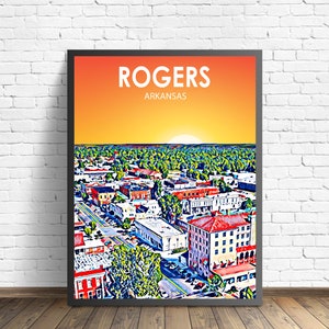 Rogers Arkansas Art Poster Sunset Landscape Poster Print, Rogers City Framed Wall Canvas Art Colorful Skyline Sketch Photo