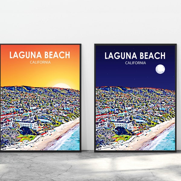 Laguna Beach CA Art Poster, California Sunset Landscape Poster Print, Laguna Beach City Wall Canvas Art Colorful Skyline Sketch Photo