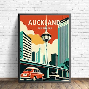 Auckland Neuseeland New Retro Kunstdruck, Auckland Wand Kunst Illustration, Auckland Vintage Minimal Design Poster