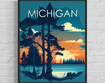 Michigan Retro Art Print, Michigan Art Illustration, Michigan Vintage Minimal Design Poster