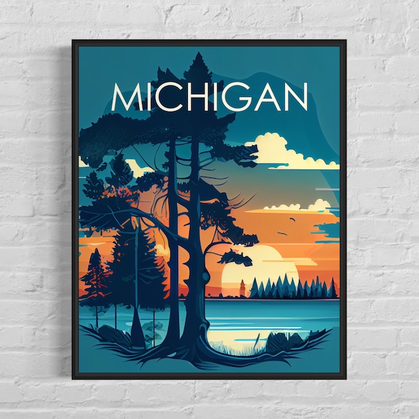 Impresión de arte retro de Michigan, ilustración de arte de Michigan, cartel de diseño minimalista vintage de Michigan