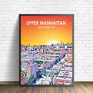 Upper Manhattan New York City Sunset Landscape Poster Print, Upper Manhattan City Wall Canvas Art Colorful Skyline Sketch Photo