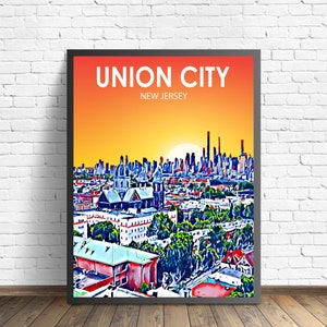 Póster con impresión de paisaje al atardecer en Union City, Nueva Jersey, lienzo enmarcado para pared, boceto de horizonte colorido de Union City