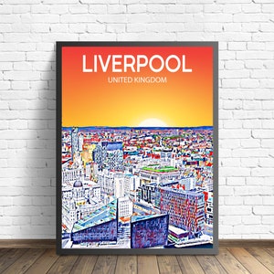 Liverpool UK Art Poster Sunset / Night Poster Art Print, Liverpool City Modern Wall art, Colorful Skyline Canvas Sketch Photo