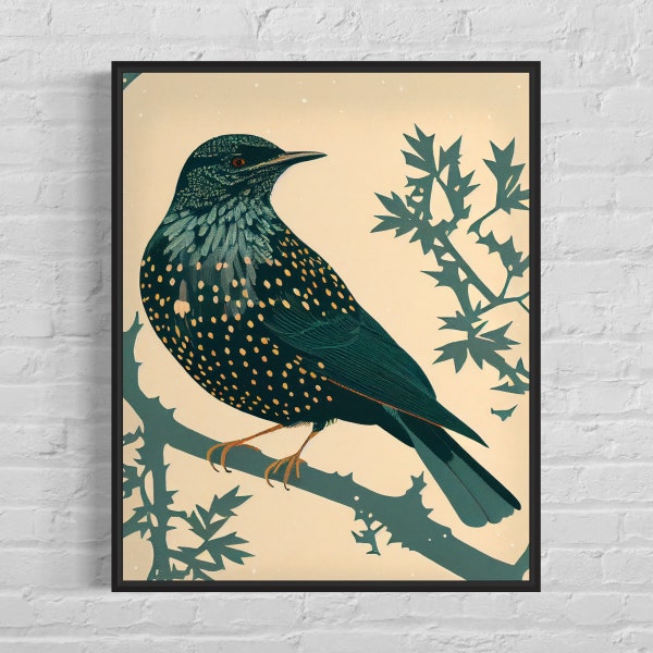 Starling Retro Art Print, Starling Illustration, Starling Vintage Minimal Design Poster