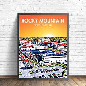 Rocky Mount Kunst Poster, North Carolina Sonnenuntergang Landschaft Poster Druck, Rocky Mount Stadt gerahmte Wand Leinwand Kunst Bunte Skyline Skizze Foto