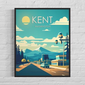 Impresión de arte retro de Kent Washington, ilustración de arte mural de Kent, póster de diseño minimalista vintage de Kent