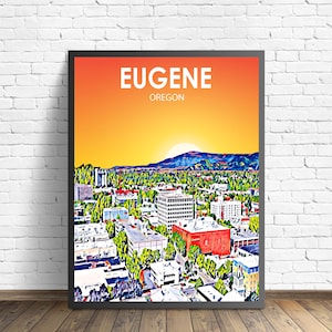 Eugene Oregon Art Poster Sunset Landscape Poster Print, Eugene OR Wall Art United States Colorful Skyline Sketch Photo