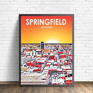 Affiche d'art Springfield Missouri, impression d'affiche de paysage coucher de soleil de l'Ohio, ville de Springfield, toile murale encadrée, art coloré de croquis d'horizon