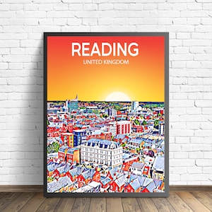 Reading UK affiche d'art coucher de soleil / nuit affiche impression d'art, ville de lecture art mural moderne encadré, croquis photo coloré sur toile d'horizon