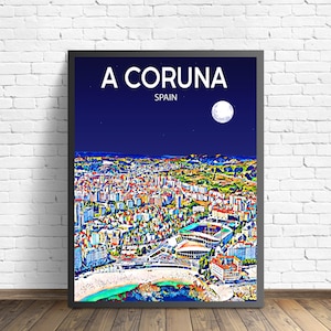 Ein Coruna Spanien Kunst Poster, Sonnenuntergang / Nacht Moderner Plakat-Druck, A Coruna Stadt gerahmte Wand-Kunst USA, bunte Skyline Leinwand-Skizze