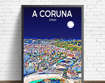 A Coruna Spain Art Poster, Sunset / Night Modern Poster Print, A Coruna City Framed Wall Art United States, Colorful Skyline Canvas Sketch